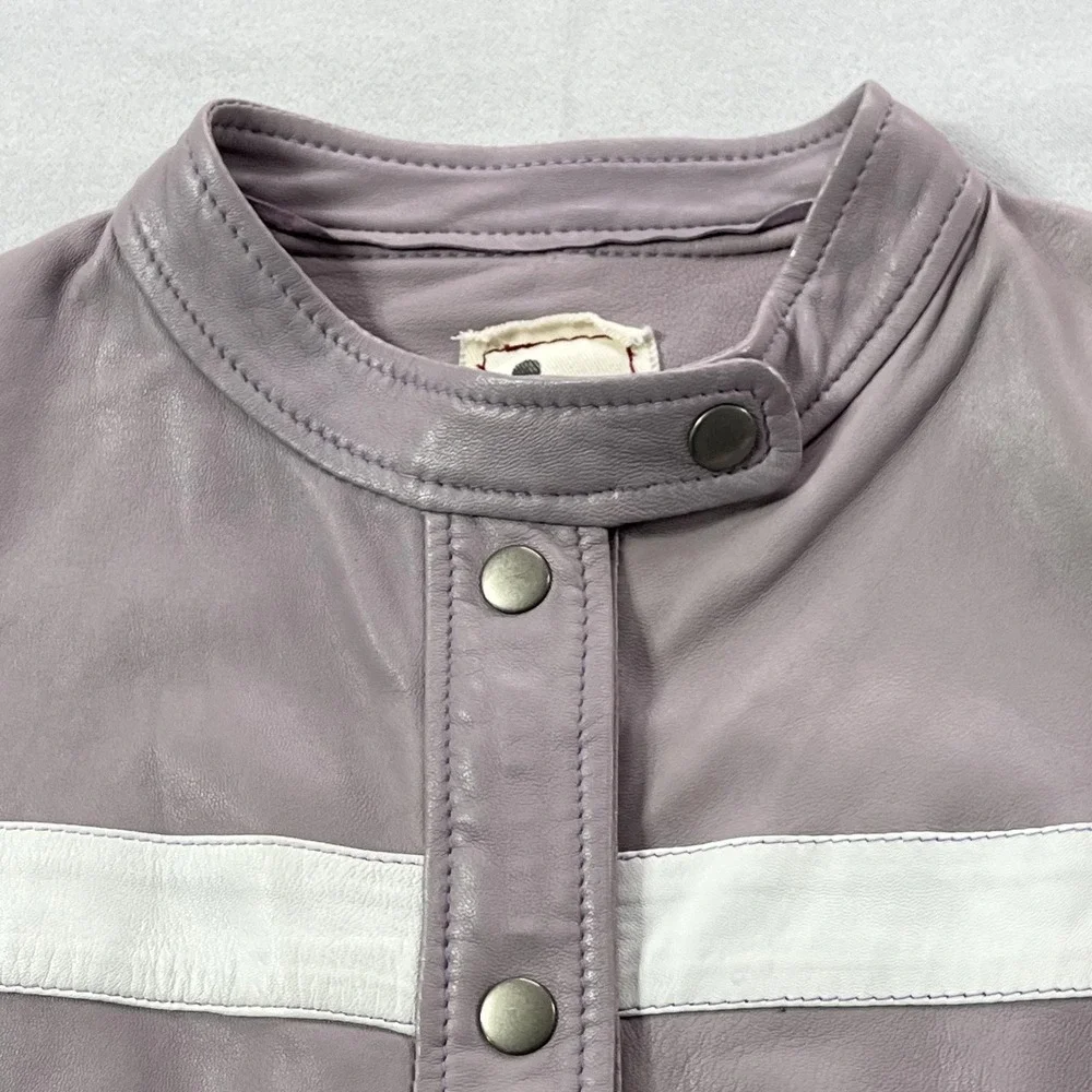JKT NYC Leather Jacket Womens XS Purple White Stripe‎ Moto Racer Cropped Rib Hem